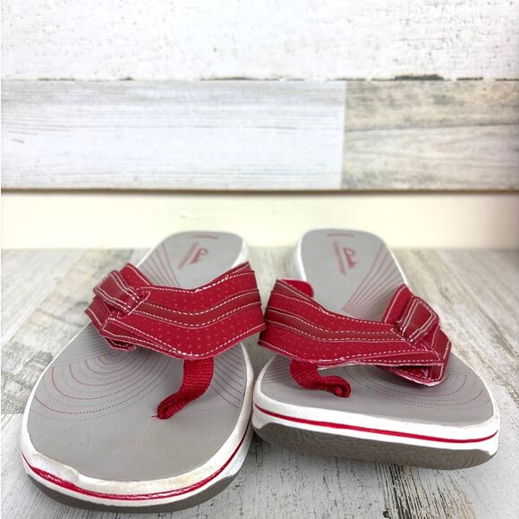 Clarks Womens 11 Red Leather Slip-On Cloudsteppers Brinkley Keely Sandals Shoes - Picture 2 of 8